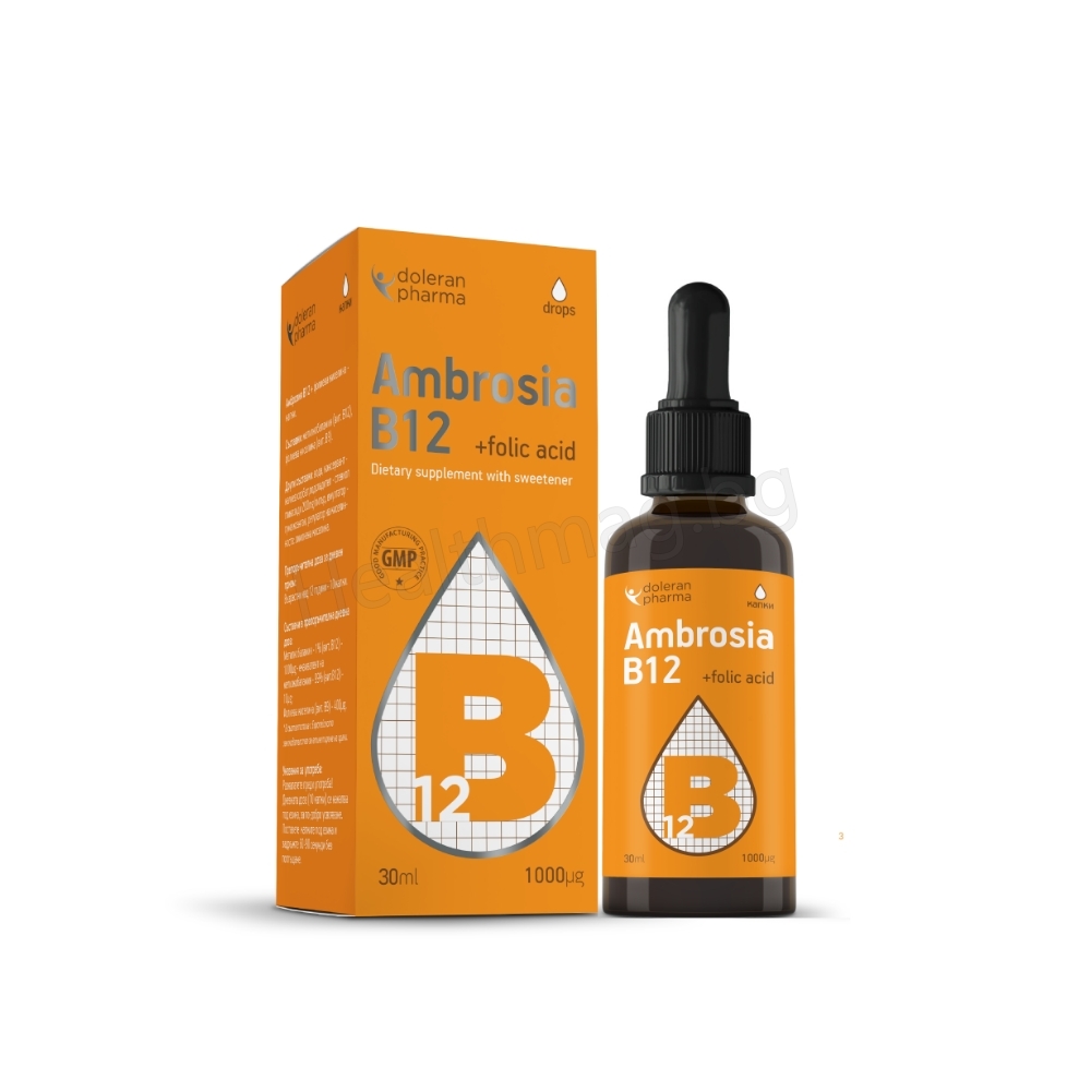 АМБРОЗИЯ Витамин B12 – 1000 µg капки 30 мл – Doleran Pharma Ambrosia В12 drops - Methylcobalamin + L-Methylfolate 1000 µg Хранителна добавка с подсладител.